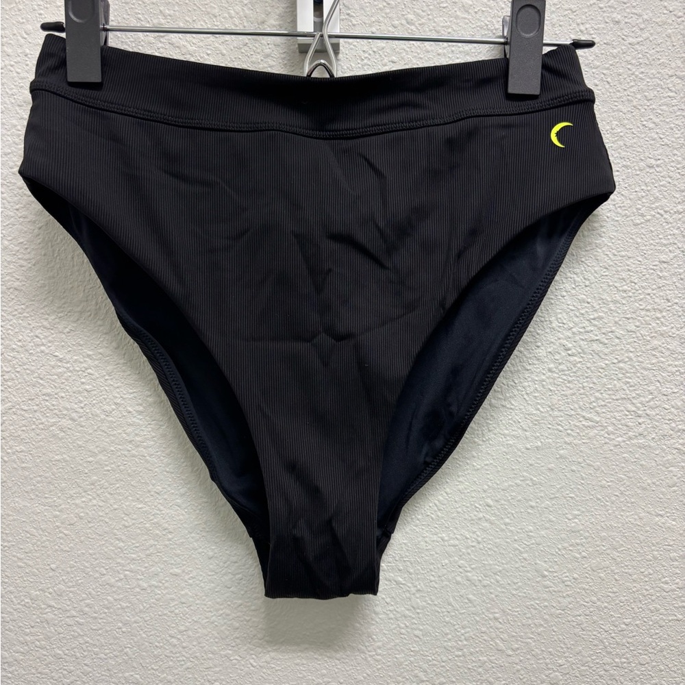 Black High-Waist Ribbed Bikini Bottom with Crescent Logo